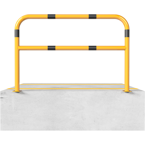 Protective bar made of steel tubing |  60 x 2.5 mm | with crossbar | total width: 2000 mm | total height: 1000 mm | hot-dip galvanized and yellow coatedwith black warning stripes